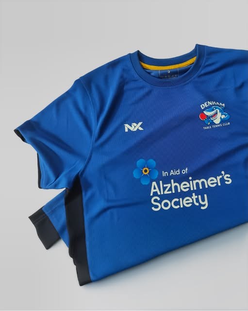 Blue Denham Table Tennis Club printed shirt supporting Alzheimer's Society